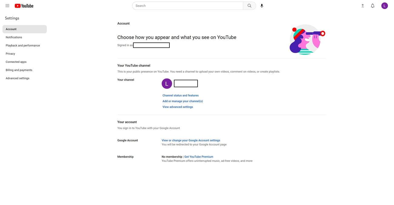 Το στιγμιότυπο οθόνης δείχνει τη σελίδα ρυθμίσεων προφίλ στο YouTube.