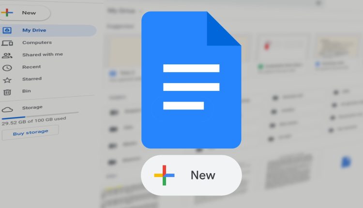 the google docs logo and a new button in the foreground with a warped google drive interface in the background
