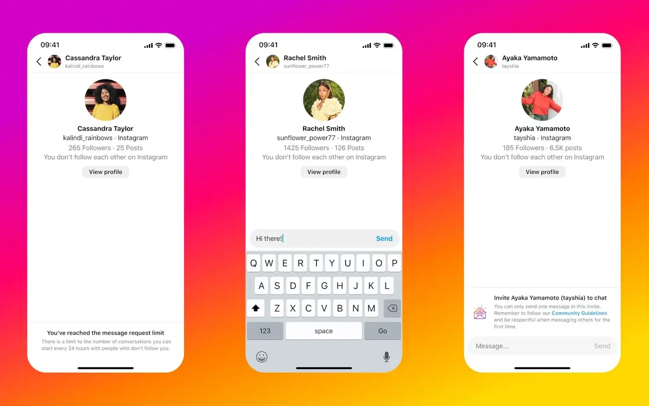 Στιγμιότυπα οθόνης Instagram DM σε πολύχρωμο φόντο.