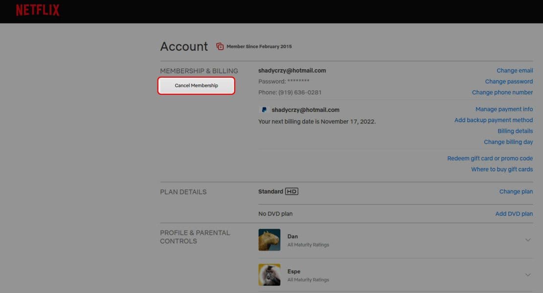 Μενού λογαριασμού Netflix στο πρόγραμμα περιήγησης που επισημαίνει το κουμπί Ακύρωση συνδρομής