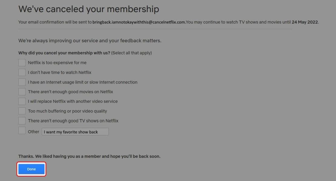 Έρευνα ακύρωσης του Netflix στο πρόγραμμα περιήγησης επισημαίνοντας το κουμπί Τέλος