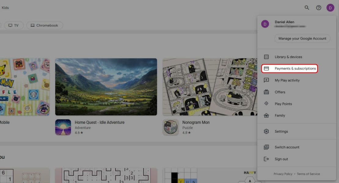 Το μενού προφίλ του προγράμματος περιήγησης Google Play επισημαίνει την επιλογή Πληρωμές και συνδρομές