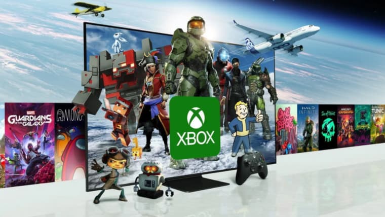 A graphic of Xbox Game Cloud and Microsoft IP characters pouring out of a Smart TV