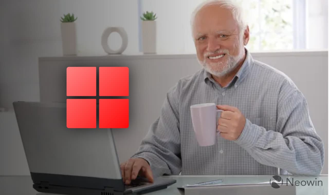 Hide the Pain harold with a laptop and a red Windows 11 logo indicating bugs