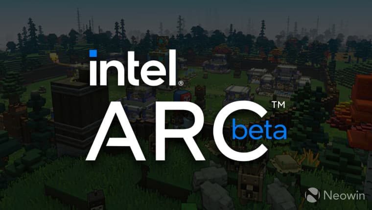 A screenshot of the Minecraft Legends game with the Intel Arc Beta logo superimposed