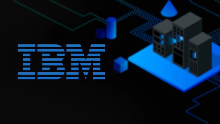 The IBM logo in front of a server graphic