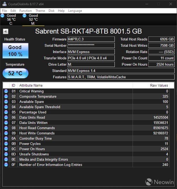 Sabrent Rocket 4 Plus 8TB - CrystalDiskInfo