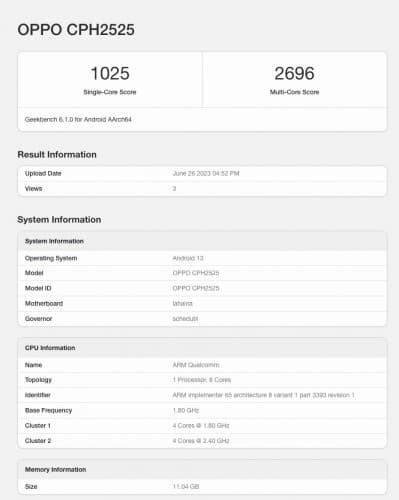 Κάρτα βαθμολογίας Oppo Reno10 Pro (CPH2525) Geekbench