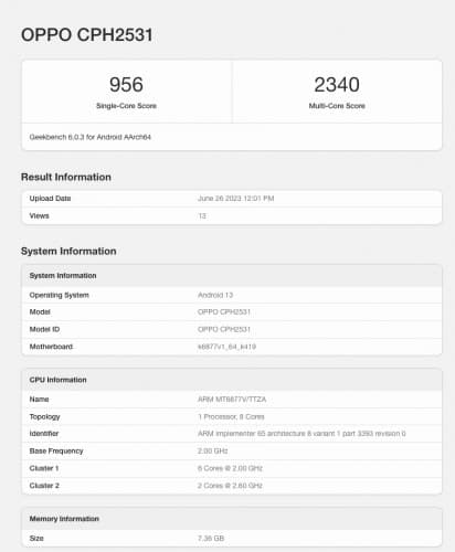 Κάρτα βαθμολογίας Oppo Reno10 (CPH-2531) Geekbench