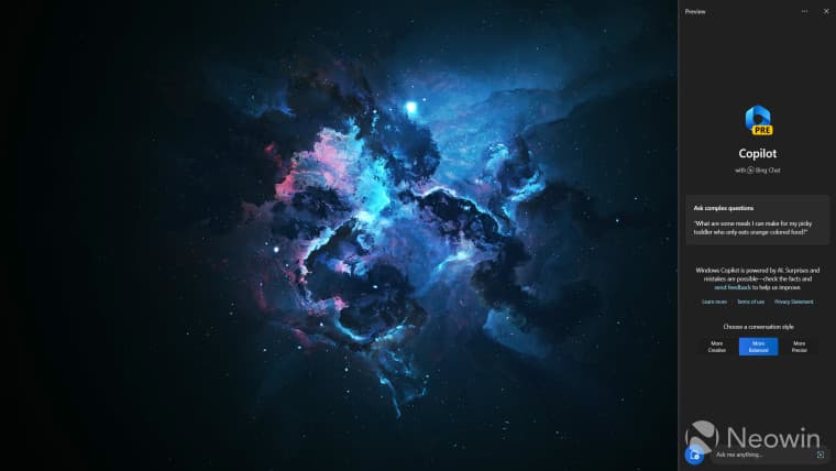 Στιγμιότυπο οθόνης που δείχνει το Windows Copilot