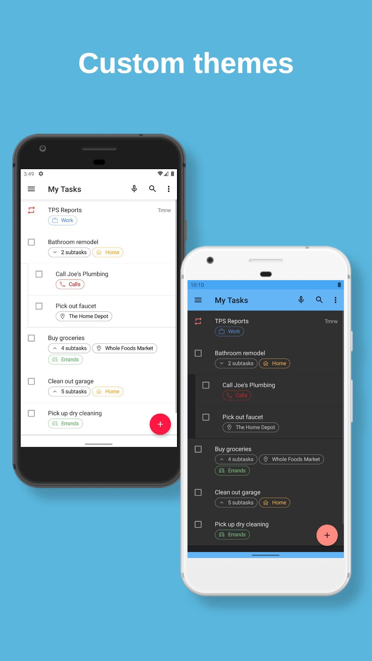 An app store listing screenshot for Tasks.org highlighting its custom themeing options