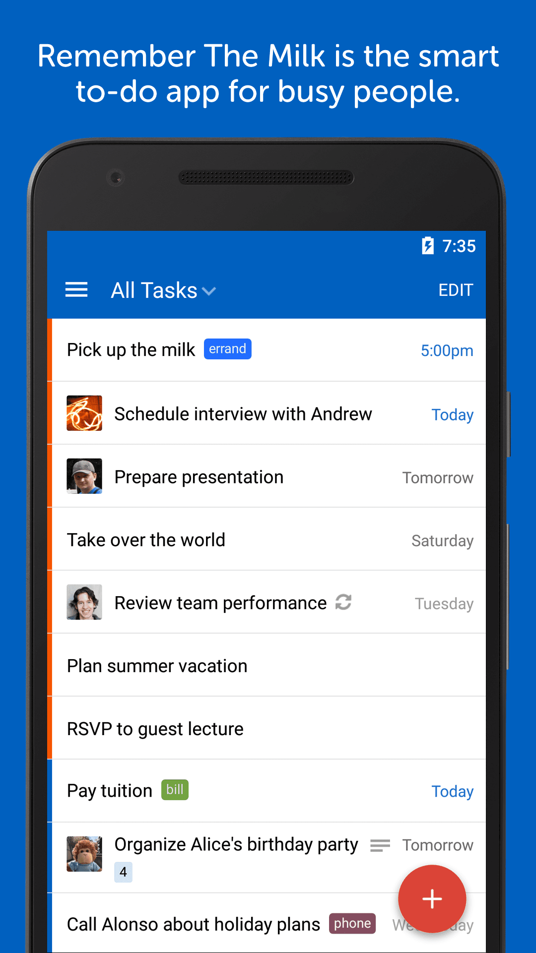 An app store listing screenshot for Remember The Milk showcasing various tasks on the main screen