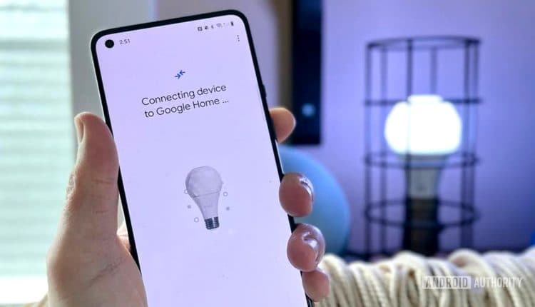 An Android phone connecting a Nanoleaf Matter A19 to Google Home