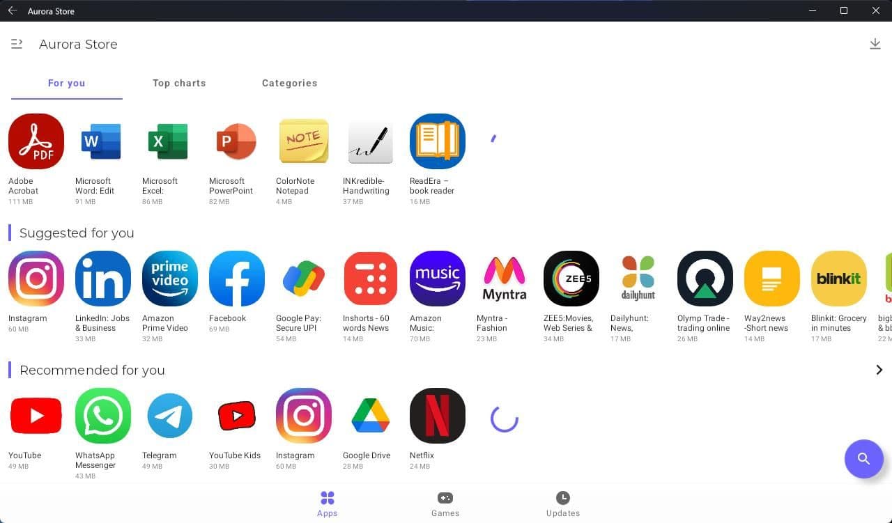 Ένα παράδειγμα για το πώς φαίνεται η αρχική σελίδα του Aurora Store
