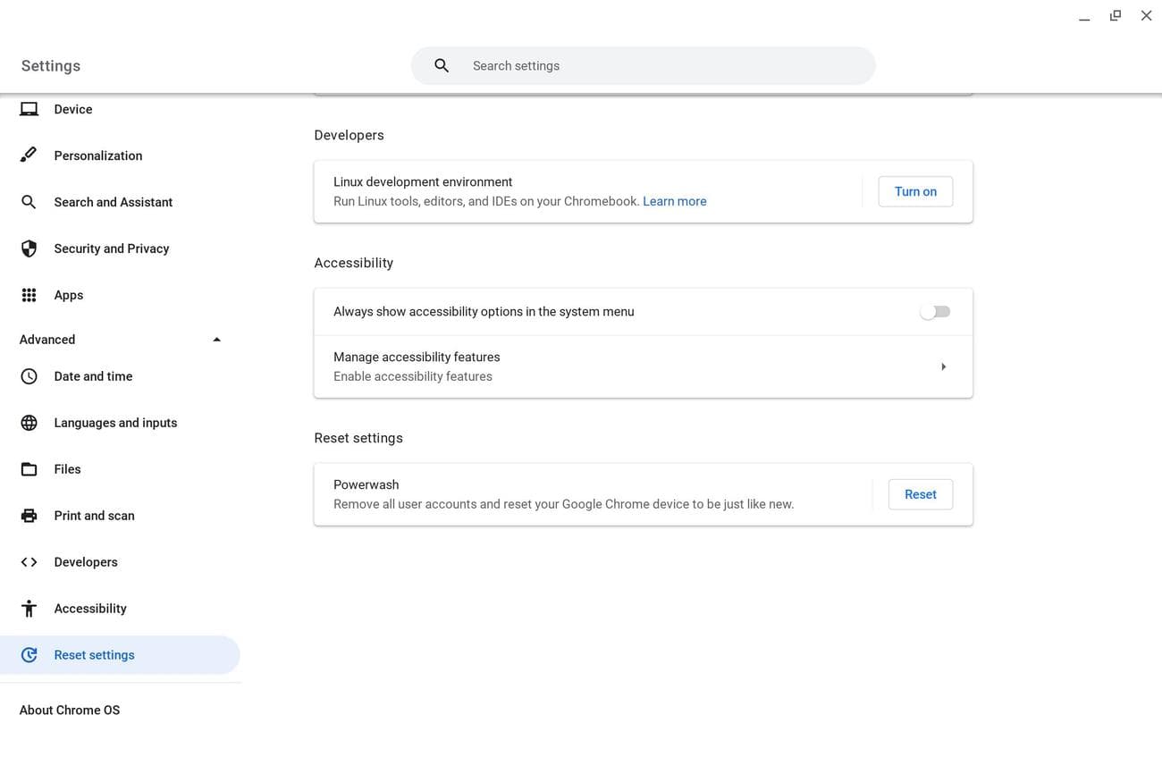 Η ενότητα Επαναφορά ρυθμίσεων στην εφαρμογή Ρυθμίσεις Chromebook