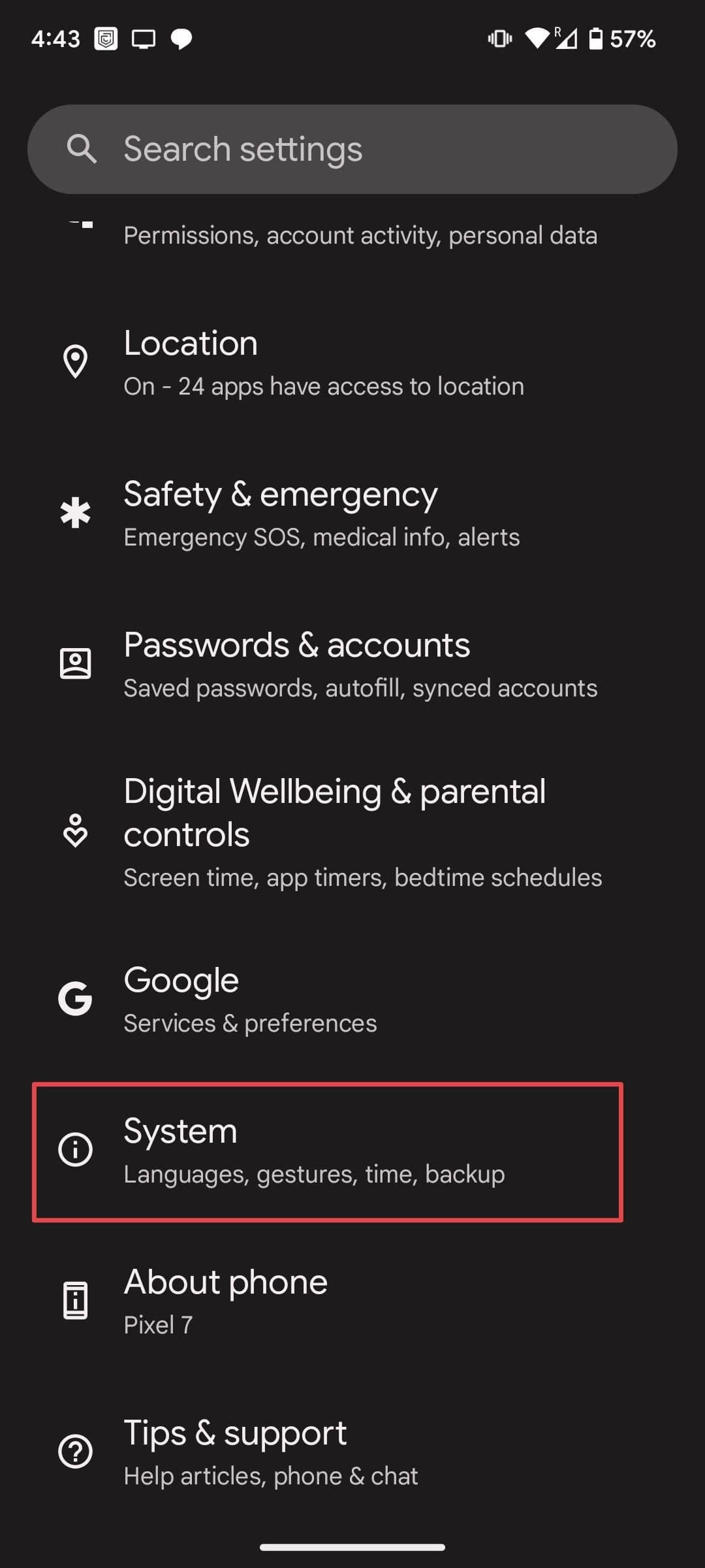 Επιλέγοντας την ενότητα Σύστημα σε τηλέφωνο Pixel