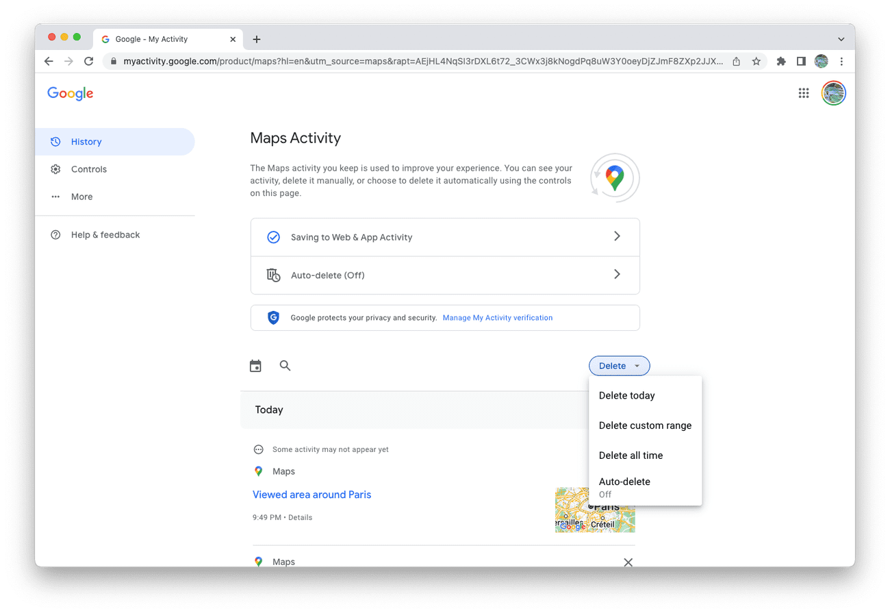 στιγμιότυπο οθόνης του μενού δραστηριότητας χαρτών στους χάρτες google στην επιφάνεια εργασίας