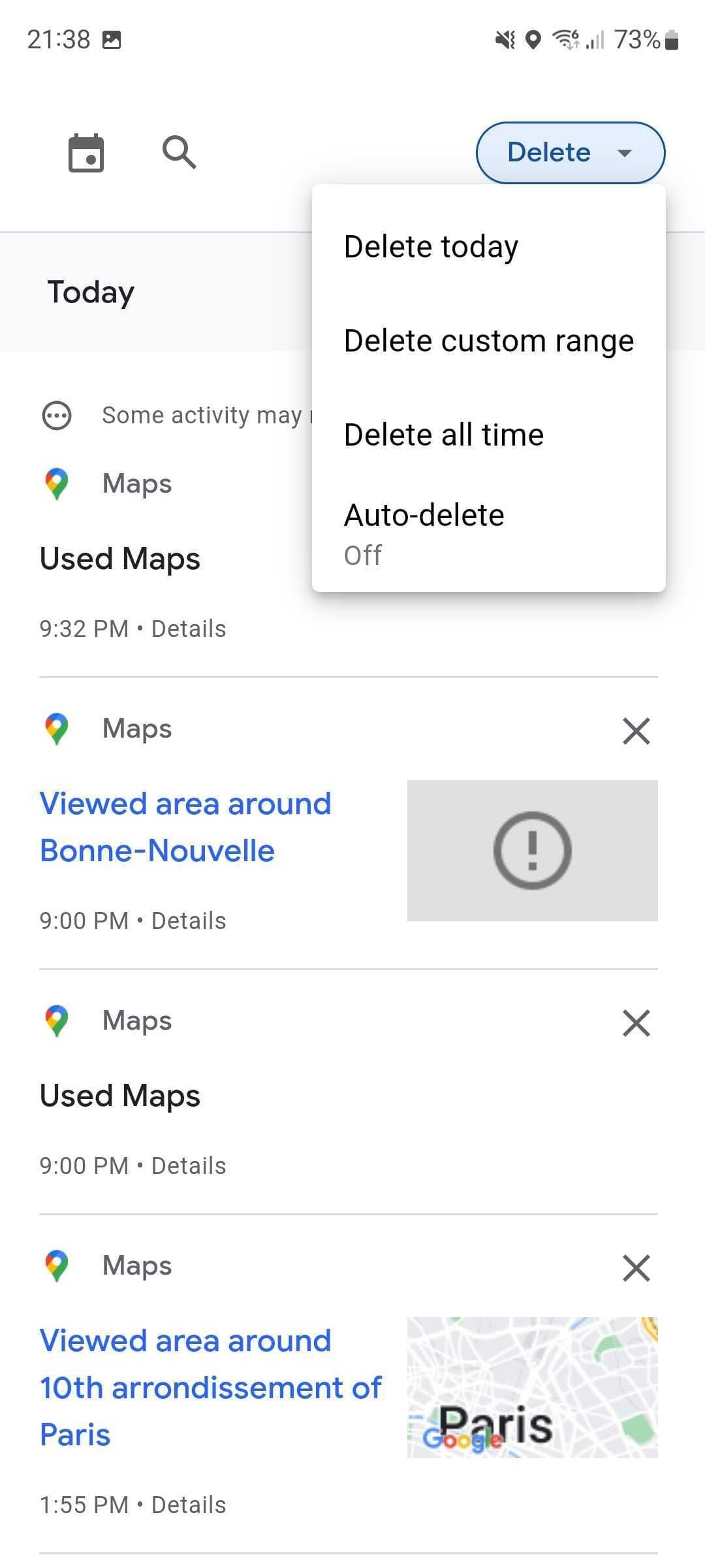στιγμιότυπο οθόνης του ιστορικού τοποθεσίας από την εφαρμογή google maps android