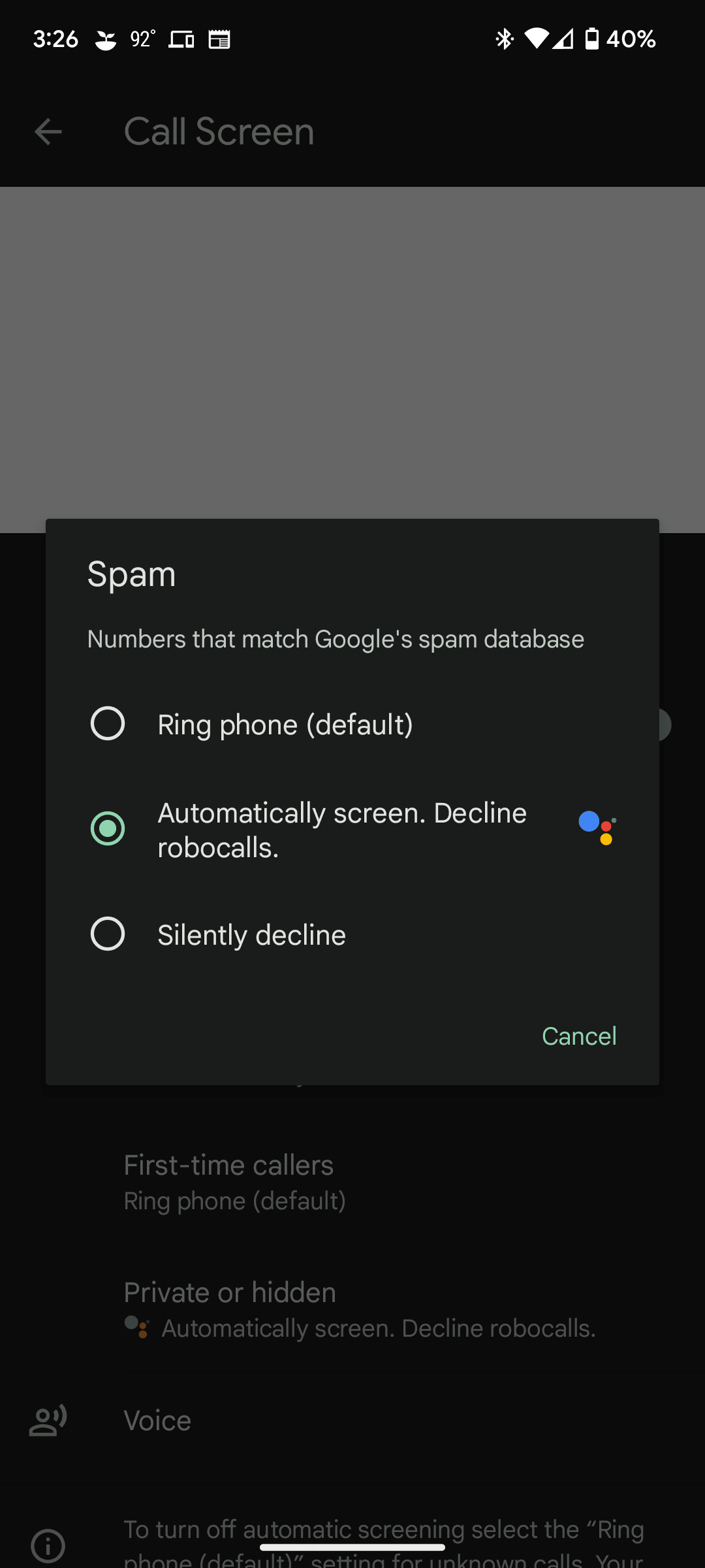 Ρυθμίσεις ανεπιθύμητων κλήσεων Google Pixel Screening