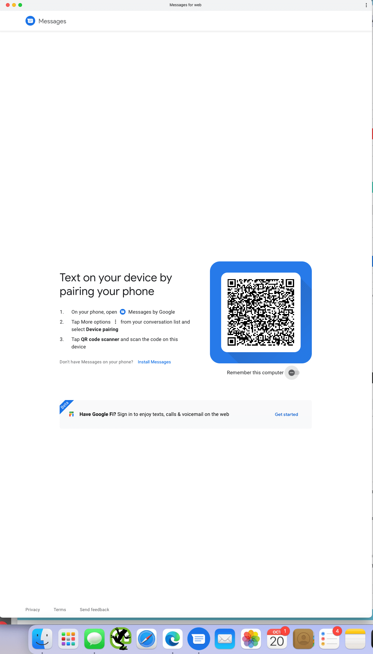 Στιγμιότυπο οθόνης του Messages για τον Ιστό ως εφαρμογή