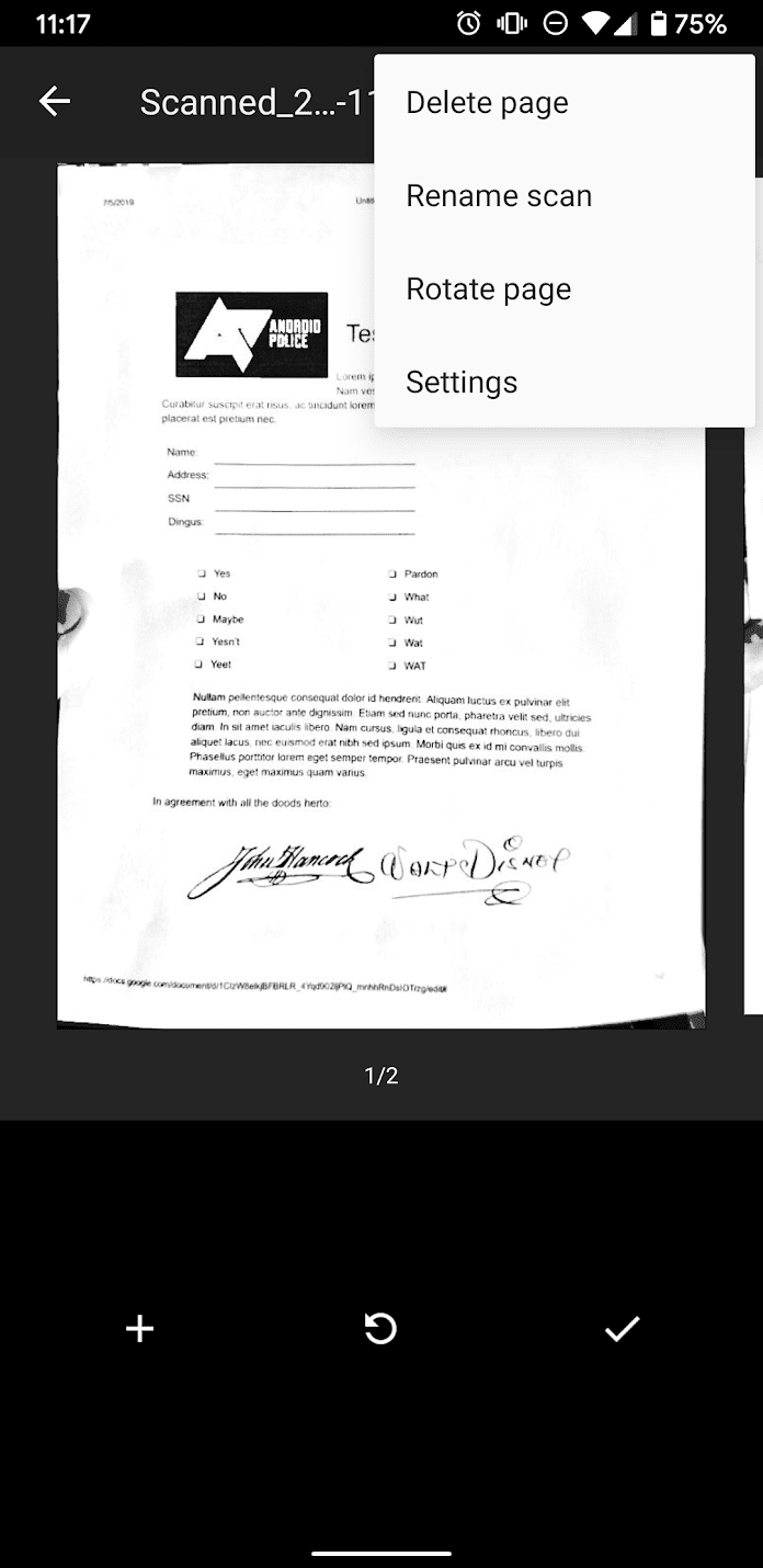 εφαρμογή σάρωσης που δείχνει έγγραφο σε μαύρο φόντο