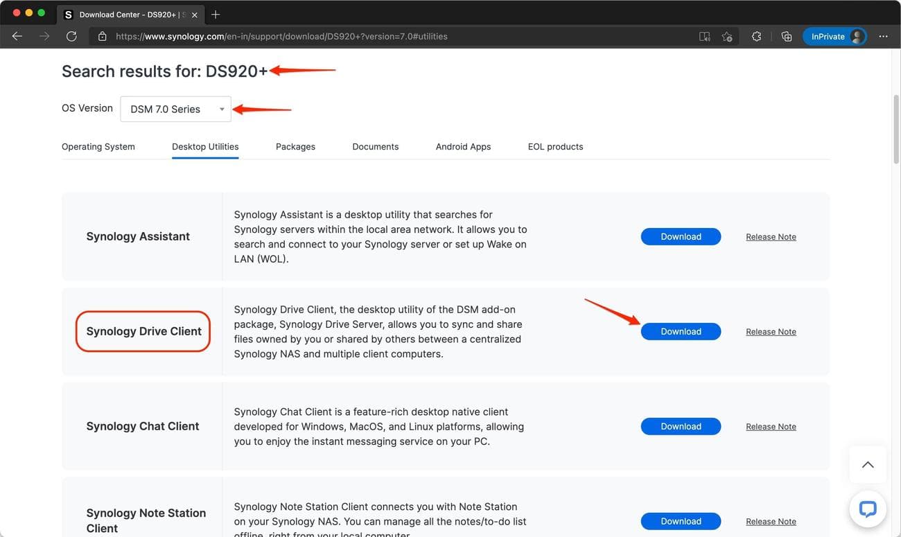 Screenshot shows the download page on the Synology website with arrows pointing to the Drive Client download.
