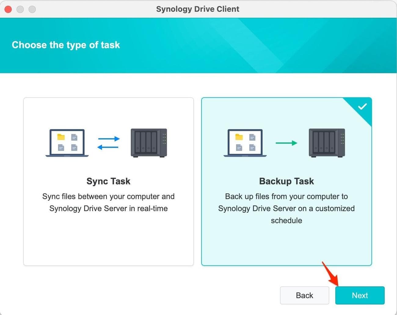 Screenshot shows next step of Driver Client download. Both Sync and Backup are shown with an arrow pointing to next.