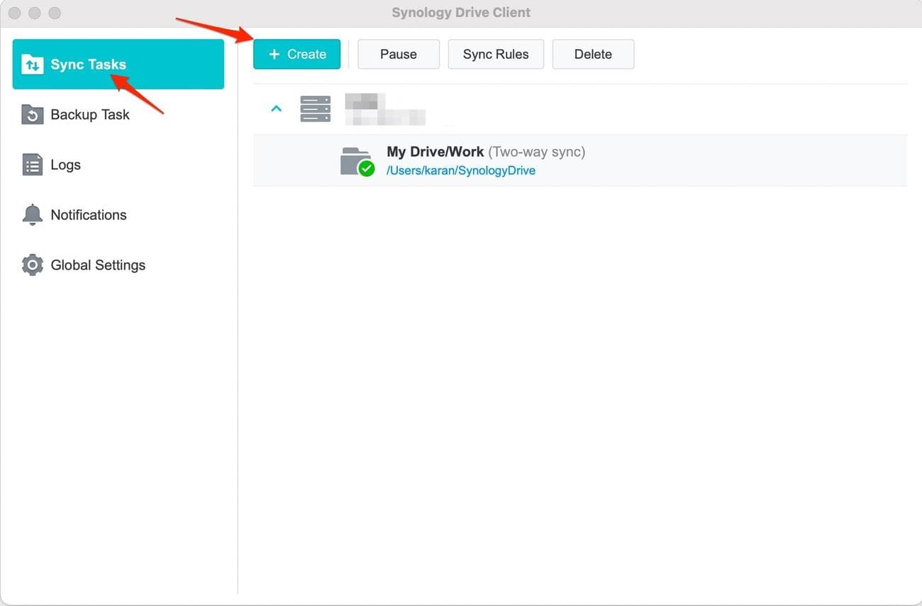 Screenshot shows the Drive Client with arrows pointing to 'Sync Tasks' and 'Create'.