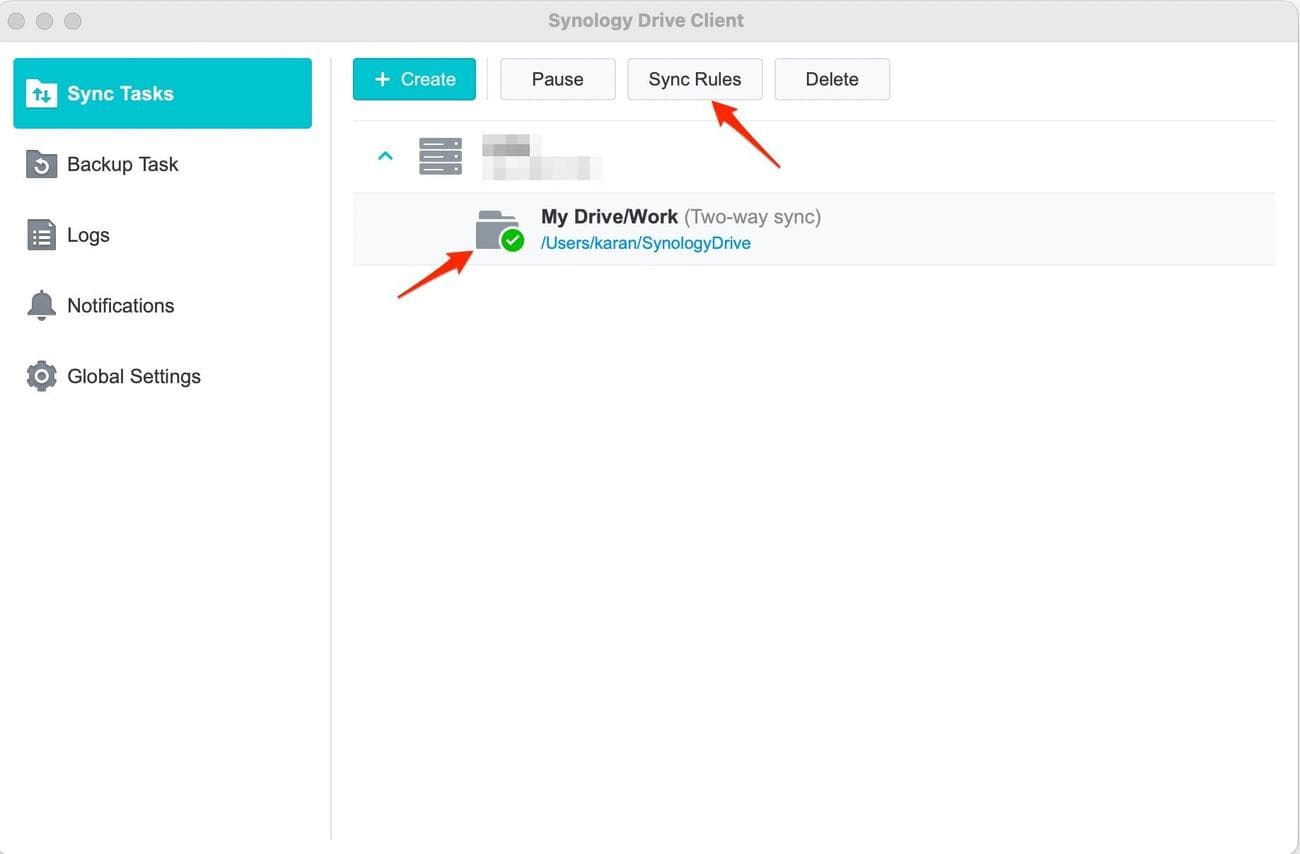 Screenshot shows the Drive Client Sync Tasks page with arrows pointing to 'Sync Rules' and 'My Drive'