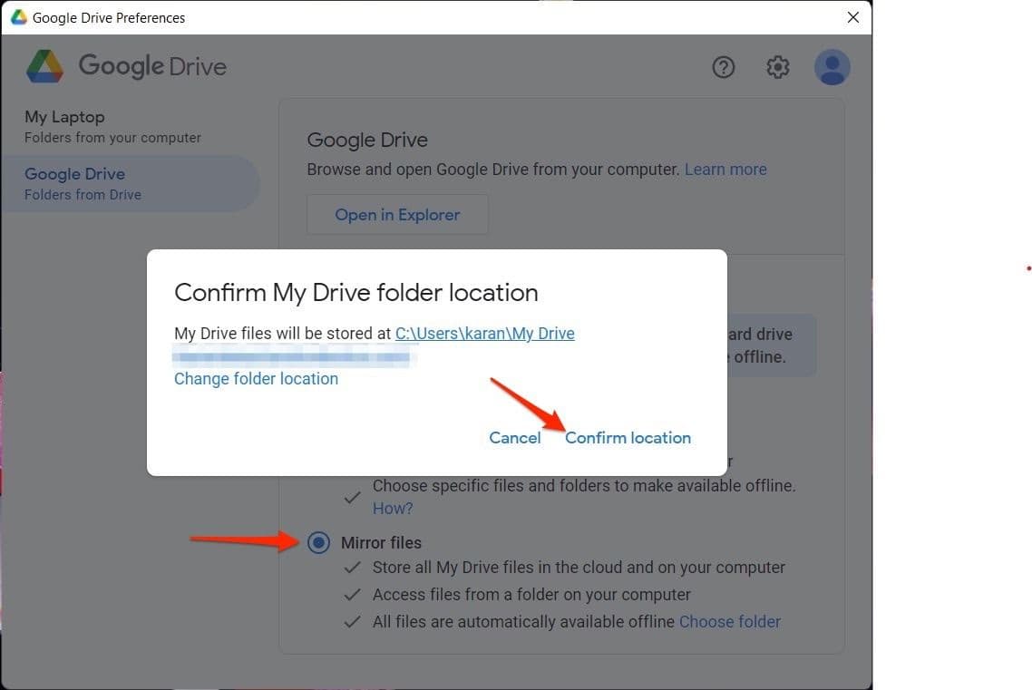 Screenshot shows options to select 'Mirror Files' and 'Confirm location' for creating a copy of the files in drive.