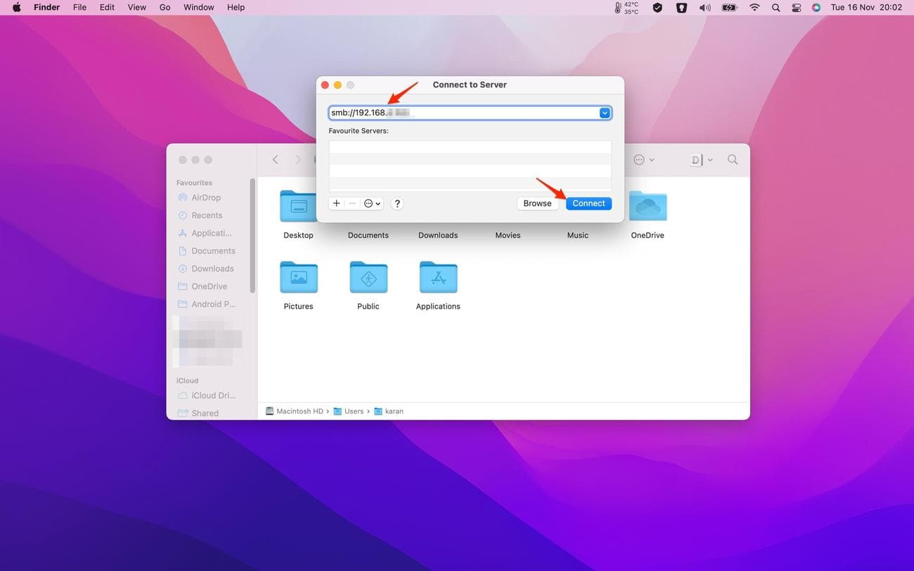 Screenshot shows the 'Connect to Server' pop up with arrows pointing to a filled in section for local IP address and the 'Connect' option.