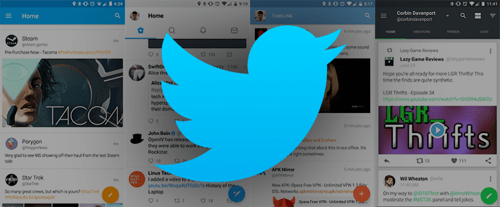 The Twitter logo on top of several screenshots of Twitter feeds