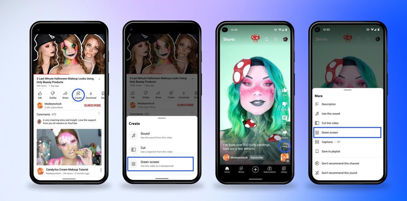 Μια σειρά οθονών που δείχνει πώς να χρησιμοποιήσετε ένα εφέ πράσινης οθόνης σε Shorts