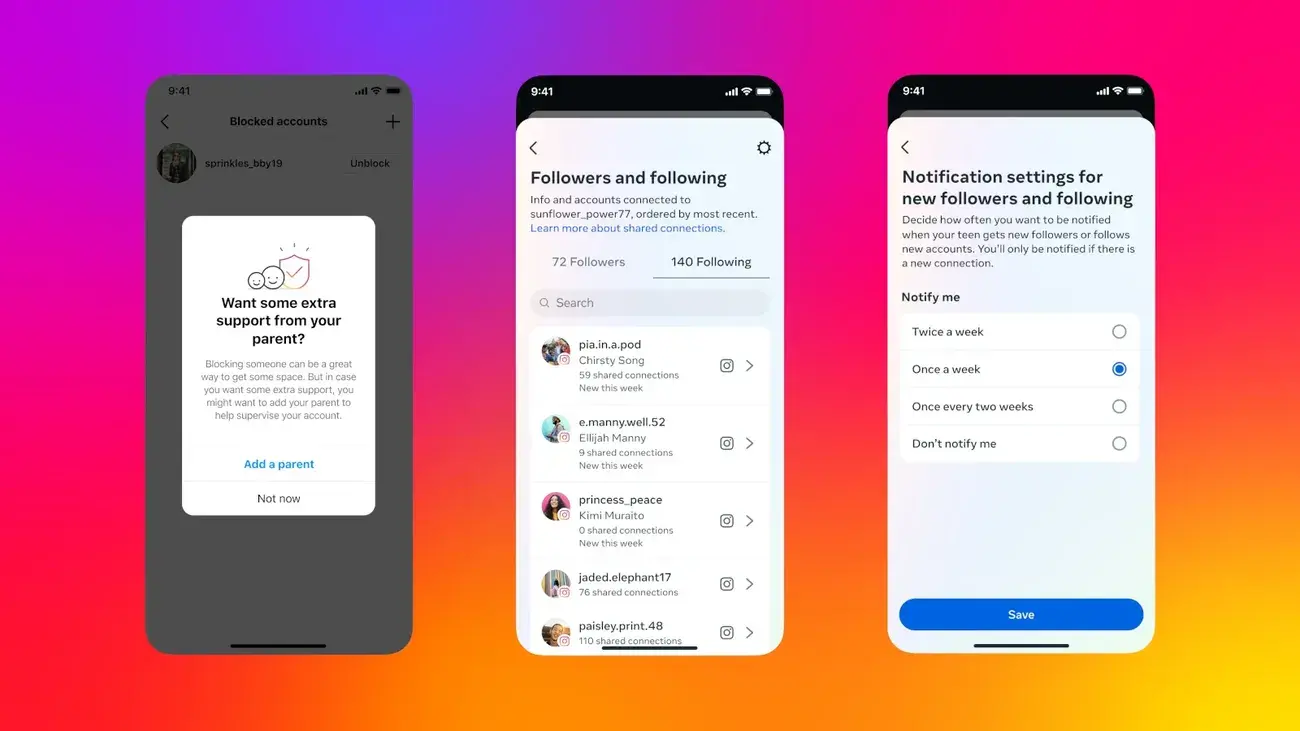 Τρία στιγμιότυπα οθόνης Instagram σε πολύχρωμο φόντο.