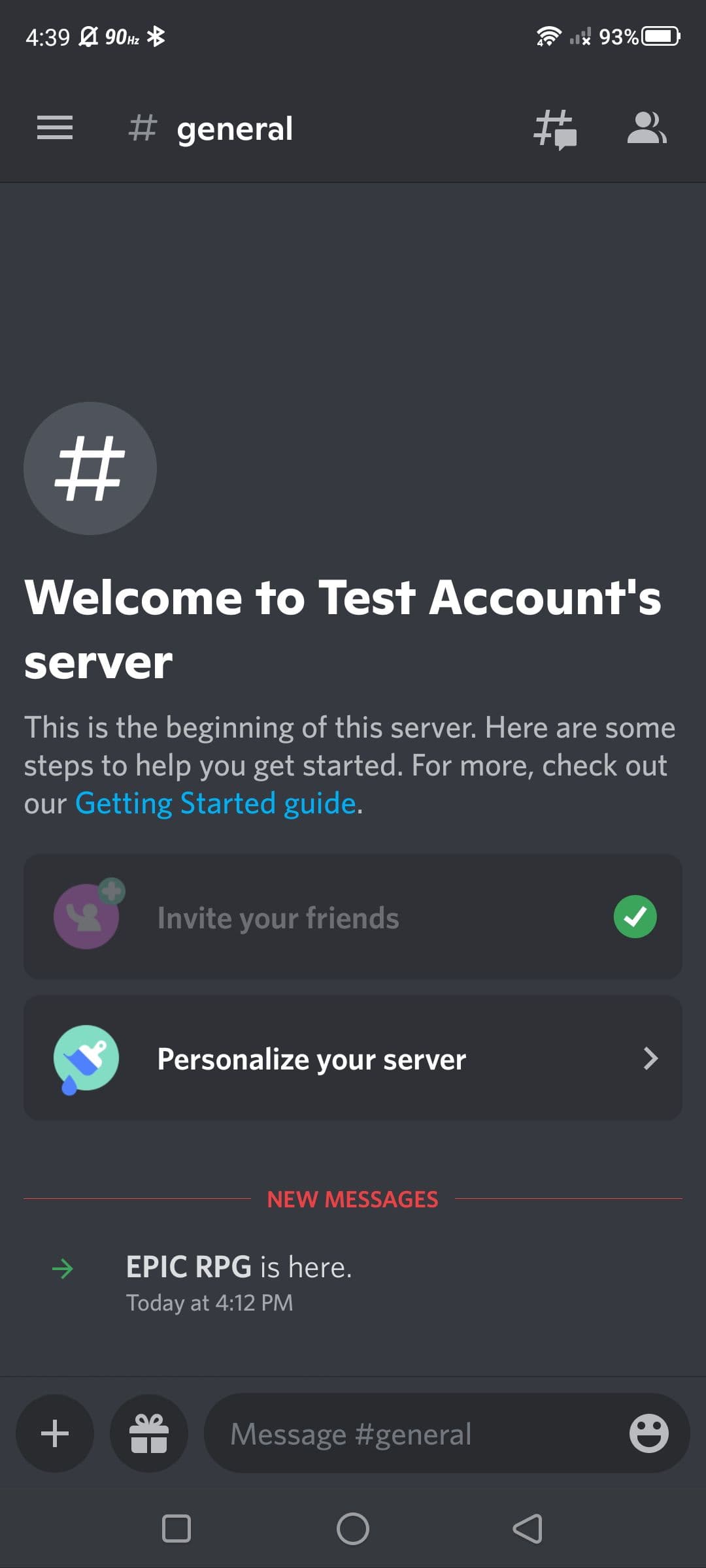 Μήνυμα καλωσορίσματος Epic RPG bot σε διακομιστή Discord (εφαρμογή Discord για κινητά)