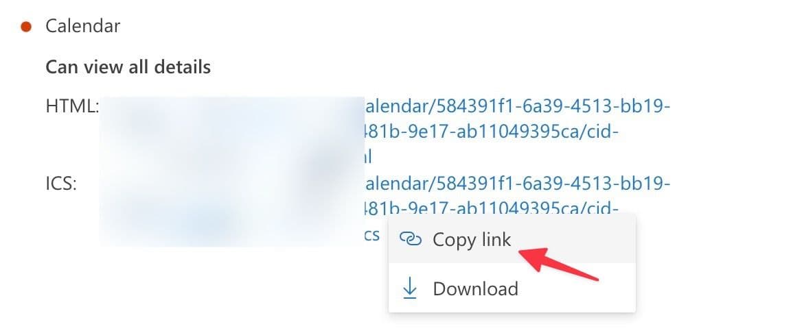 Αντιγράψτε τον σύνδεσμο ημερολογίου του Outlook