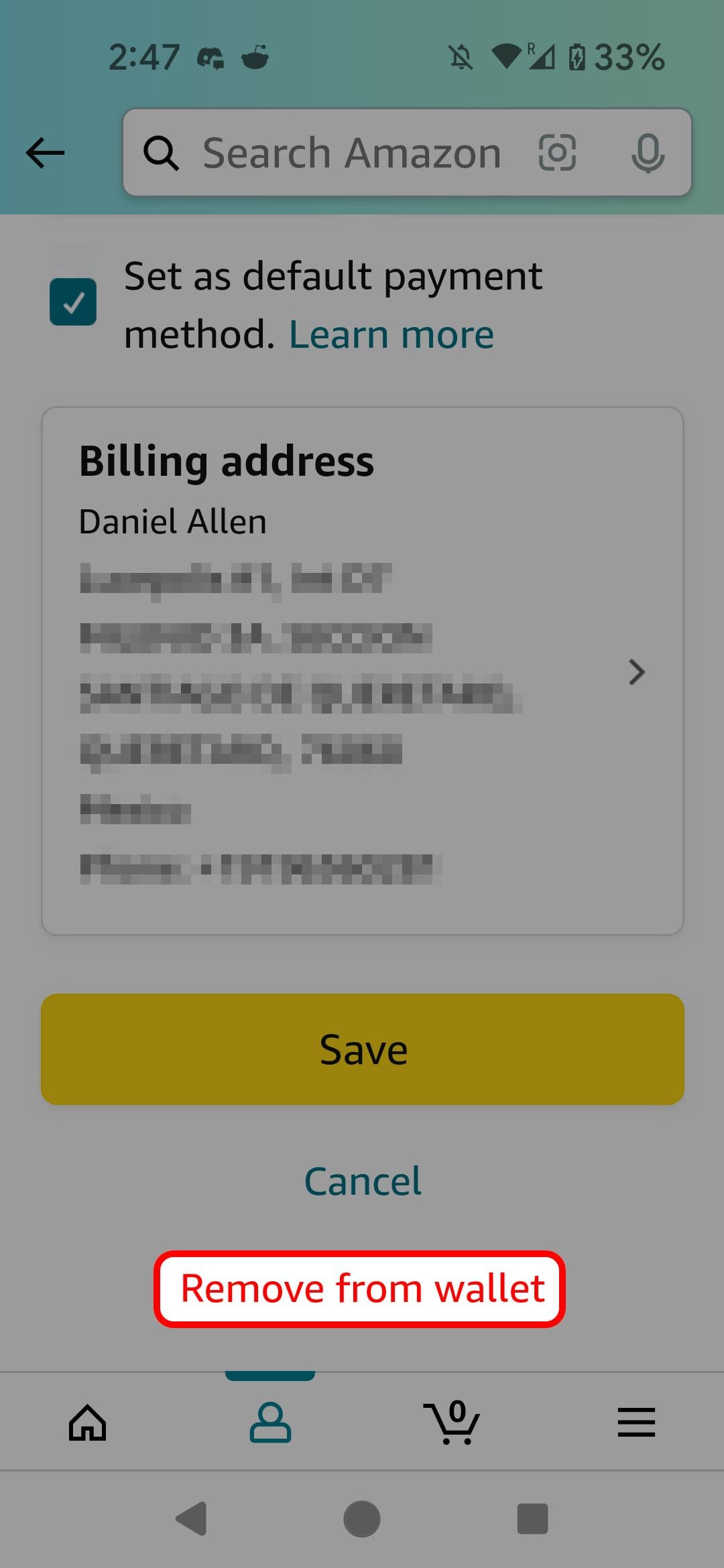 Μενού λεπτομερειών κάρτας εφαρμογής Amazon που επισημαίνει την επιλογή Κατάργηση από το πορτοφόλι