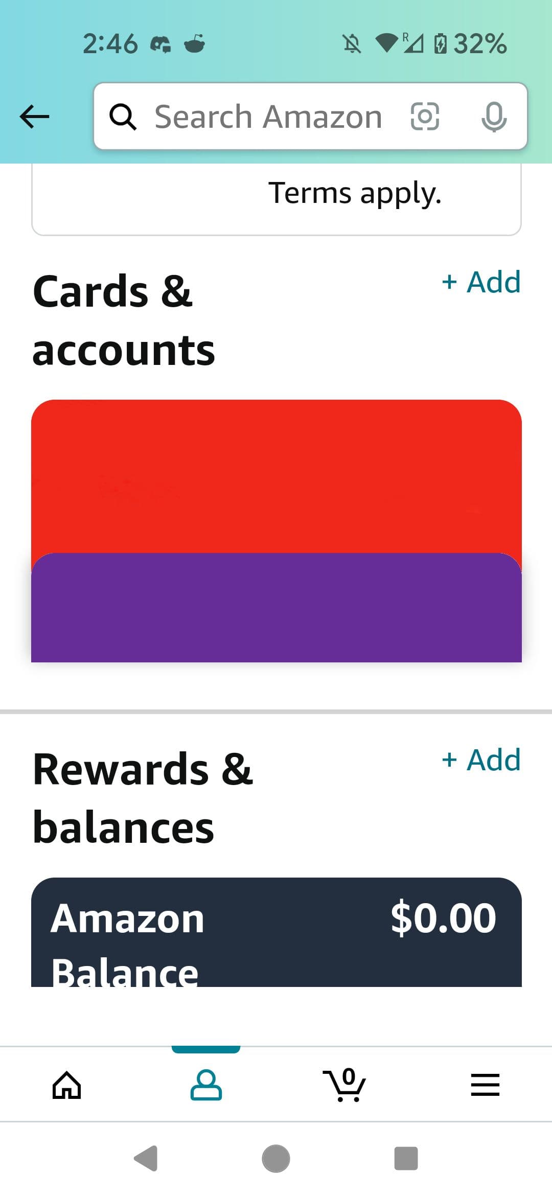 Μενού Κάρτες και λογαριασμοί εφαρμογής Amazon