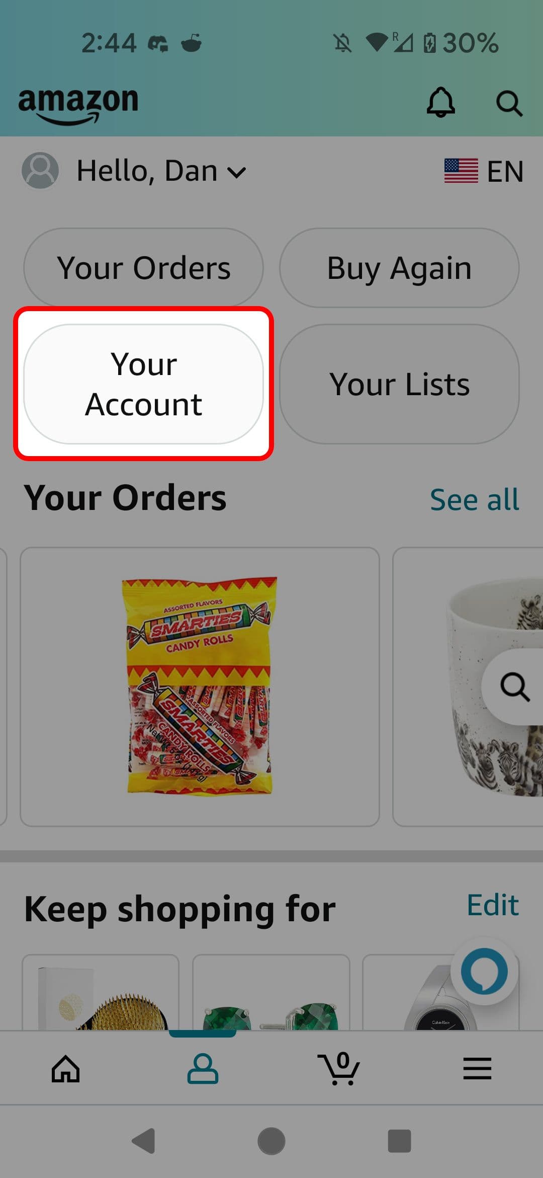 Μενού προφίλ εφαρμογής Amazon που επισημαίνει την επιλογή Ο λογαριασμός σας