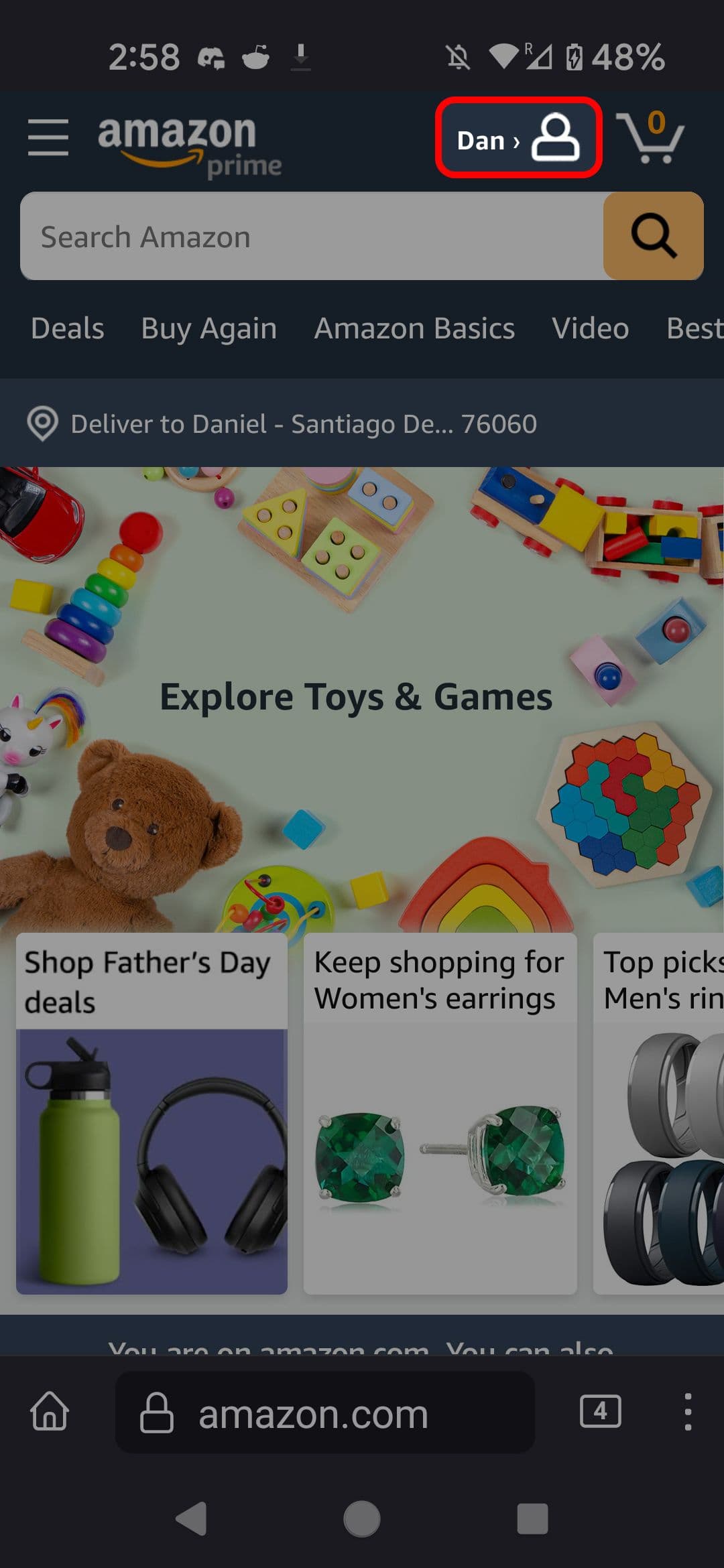 Αρχική σελίδα του Amazon για κινητά που επισημαίνει το εικονίδιο του προφίλ