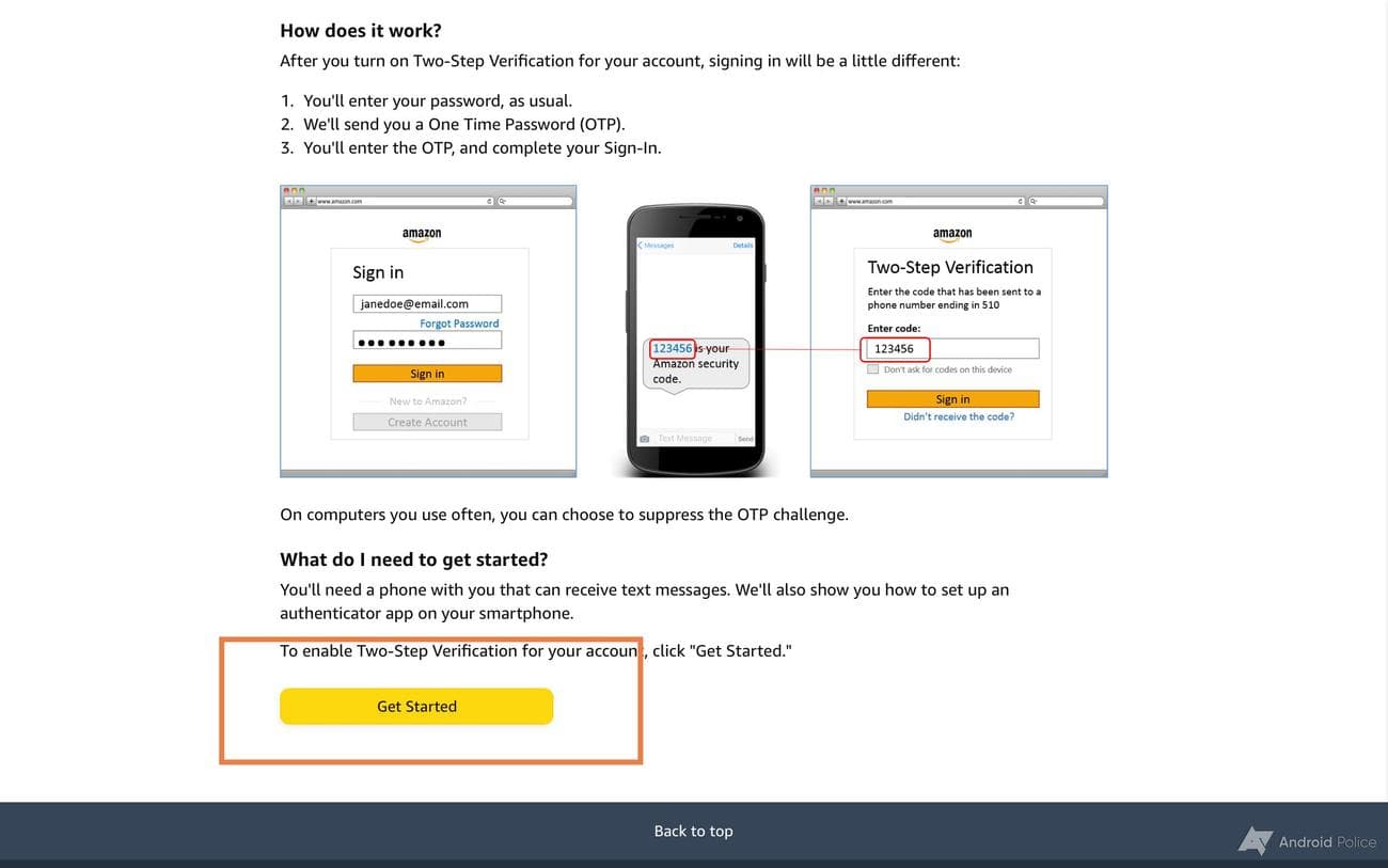 Επιλέξτε Ξεκινήστε στην οθόνη επαλήθευσης του Amazon.