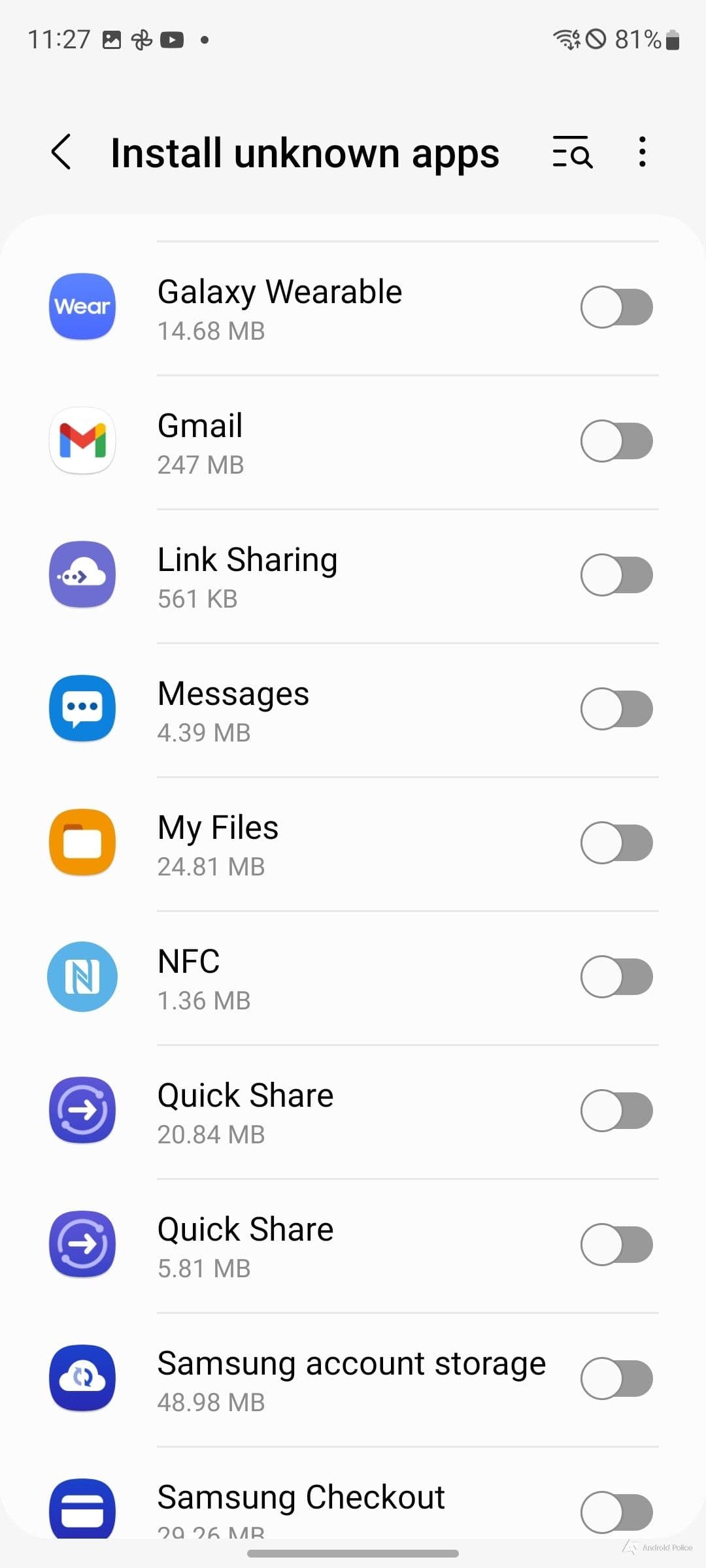 Λίστα εφαρμογών στο Android για την παροχή άδειας εγκατάστασης εφαρμογών.