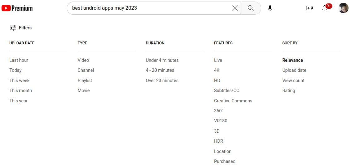 YouTube search filters on desktop