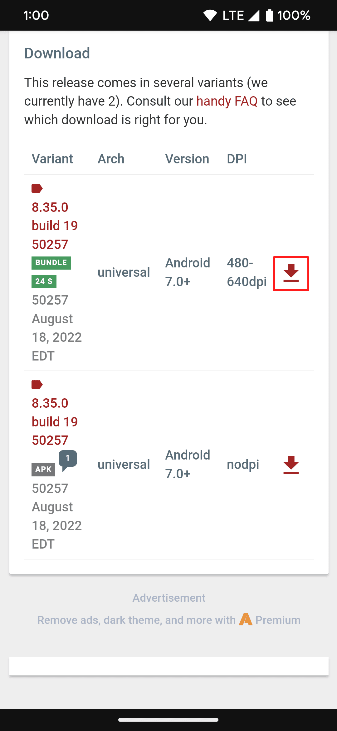 Λήψη επιλογών για μια επιλογή εφαρμογής στο APKMirror.