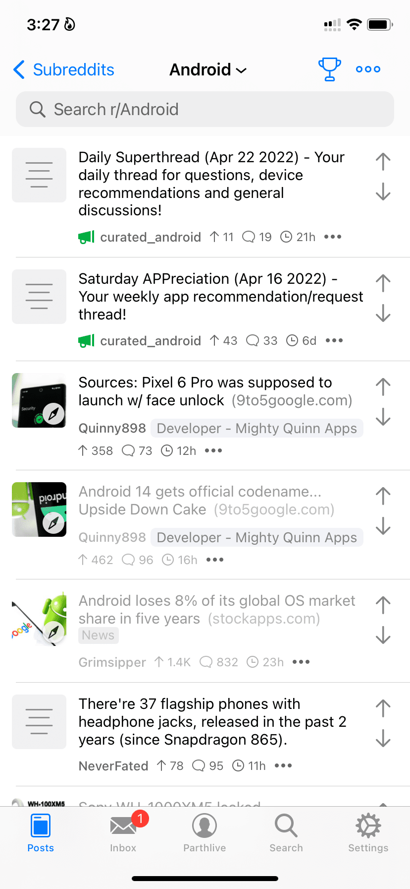 Apollo για το κύριο μενού του reddit