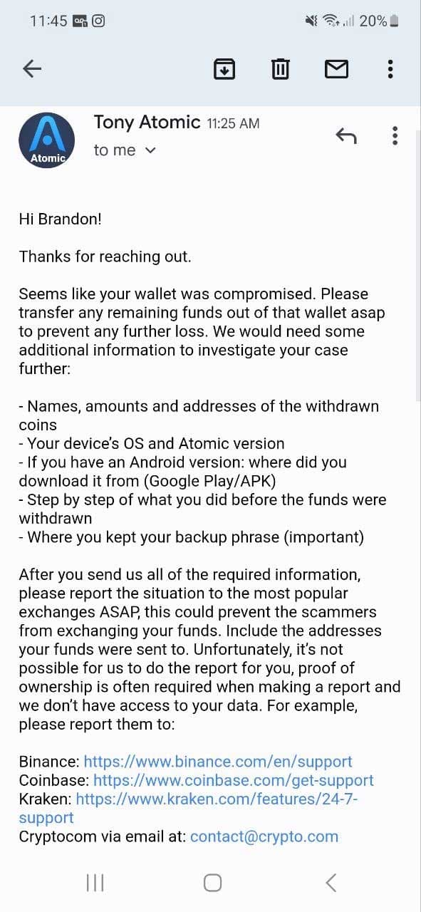 Μήνυμα ηλεκτρονικού ταχυδρομείου από το Atomic Wallet σχετικά με τον συμβιβασμό