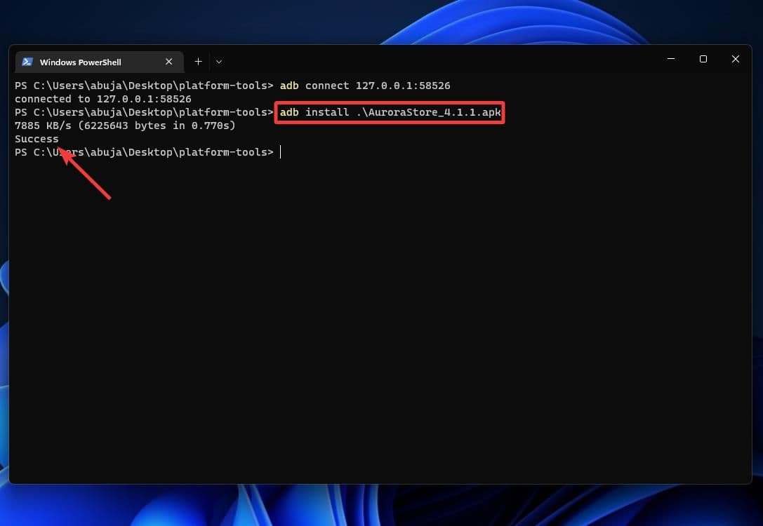 Η εφαρμογή Aurora Store εγκαταστάθηκε με επιτυχία μέσω της γραμμής εντολών στα Windows 11
