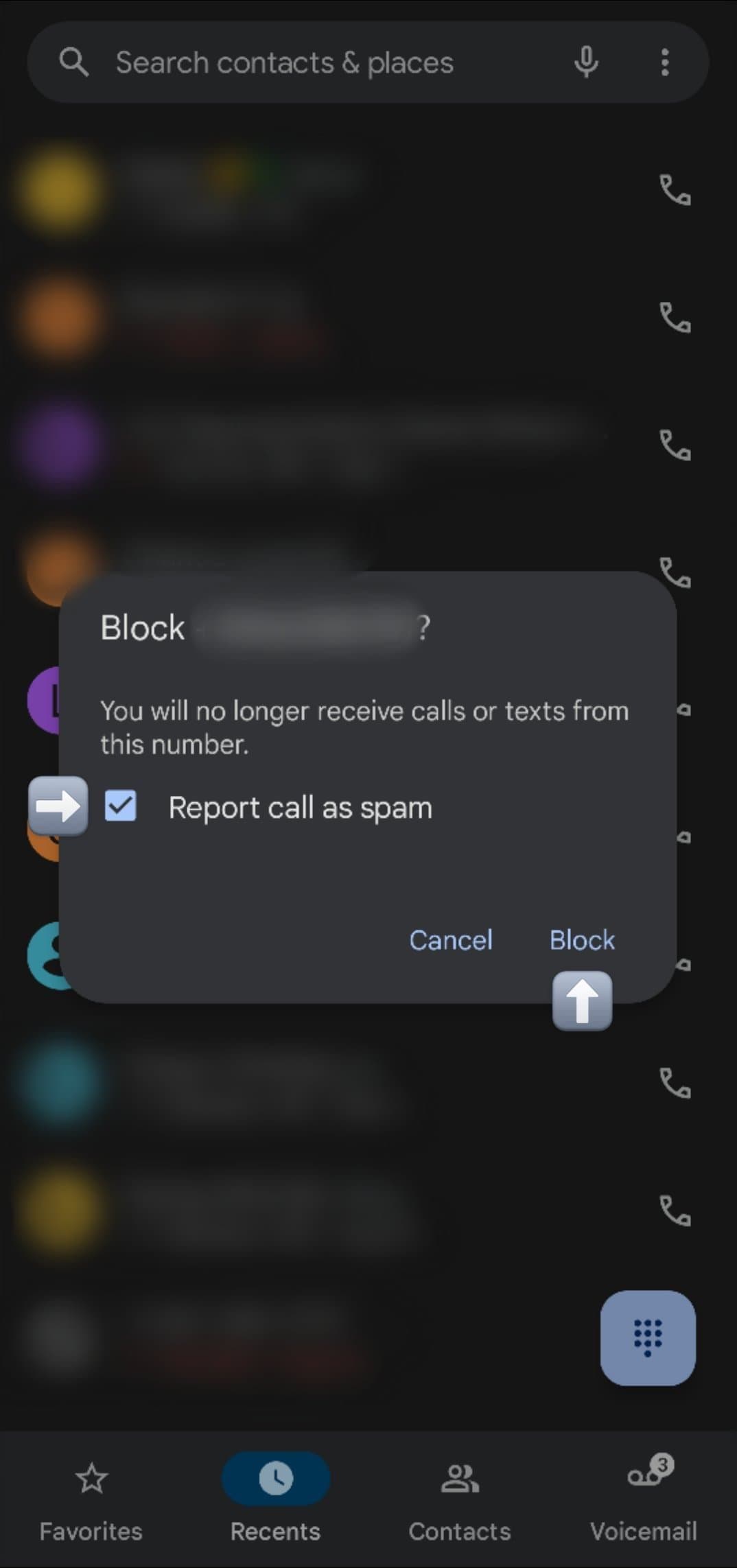 Η εικόνα δείχνει τον αναδυόμενο αριθμό τηλεφώνου Αποκλεισμός με βέλη που δείχνουν προς την επιλογή 