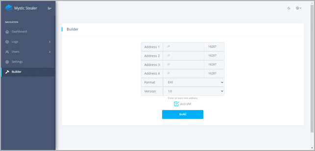 Σελίδα Builder στον πίνακα του Mystic