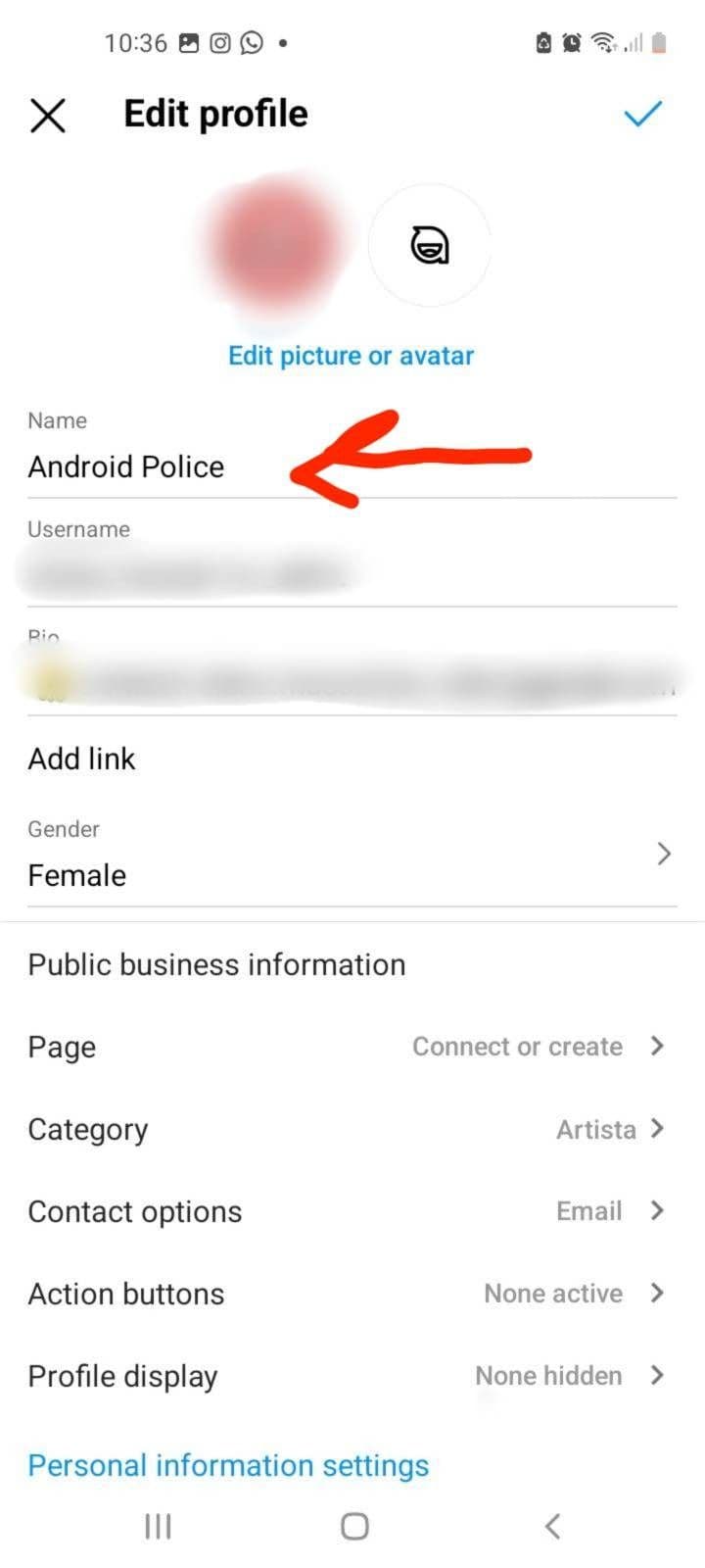 Εμφανίζεται ένα στιγμιότυπο οθόνης της σελίδας Επεξεργασία προφίλ της εφαρμογής Instagram, με ορισμένες πληροφορίες σκόπιμα θολές.  Ωστόσο, το 